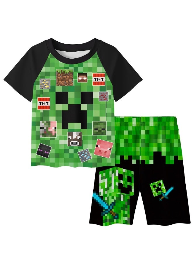 عام ماين كرافت بكسل نمط لطيف صبي الأطفال قصيرة الأكمام السراويل قطعتين دعوى كهدية للعائلة والأصدقاء - Image 1