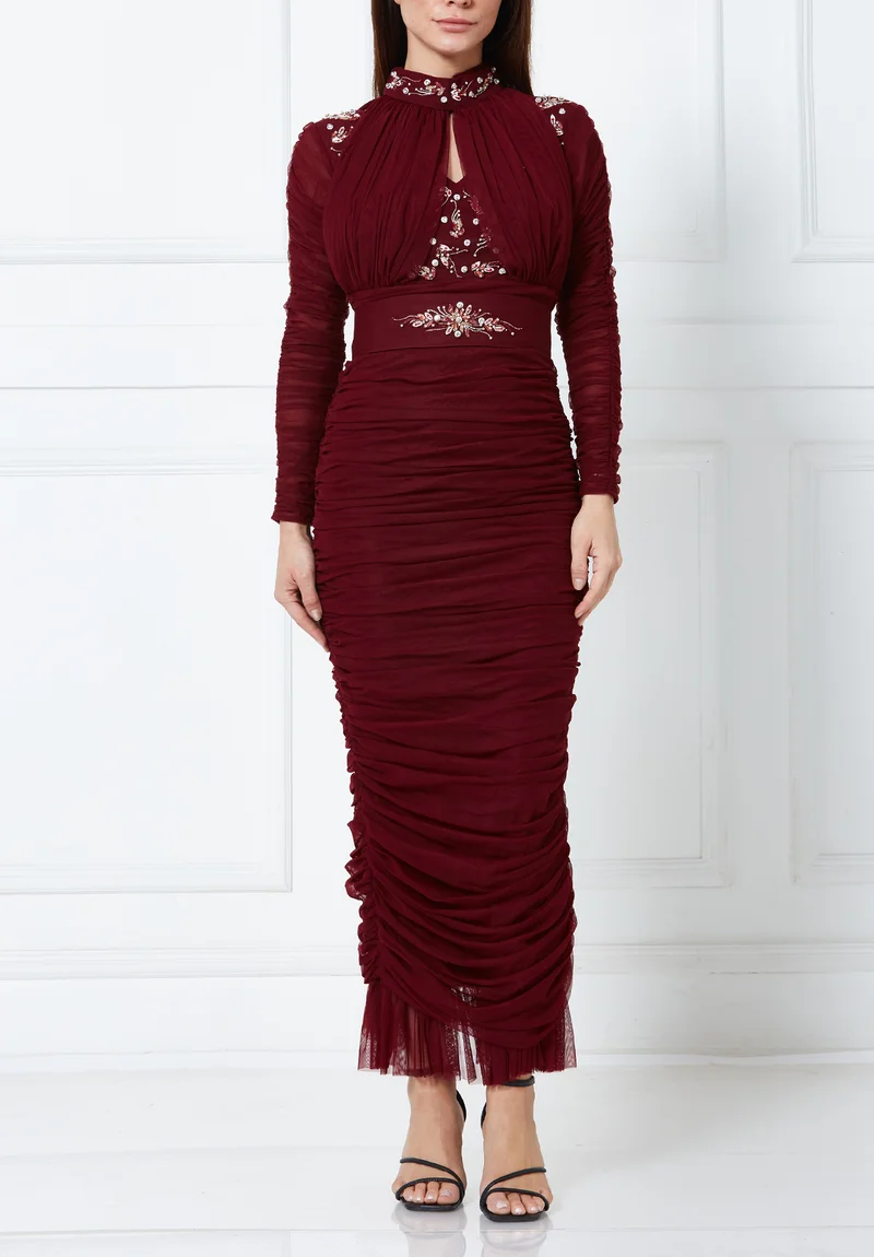 امري Beautiful Embroidered Tulle Ruched Bardot Dress With Collared Neckline And Long Sleeves