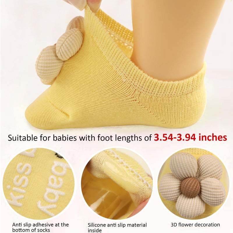 KEAINVRN 4Packs Baby Girls Socks,Flower Non-Slip Grips for Babies Toddler Princess Low Cut Ankle Socks for Girls (US, Age, 0 Months, 6 Months, pink light bule off white yellow) - Image 4