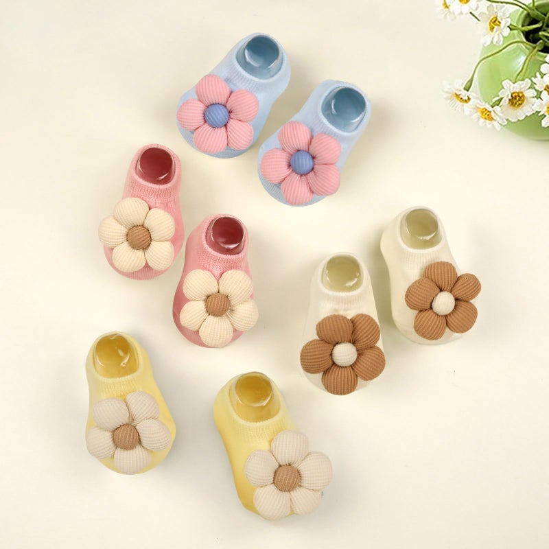 KEAINVRN 4Packs Baby Girls Socks,Flower Non-Slip Grips for Babies Toddler Princess Low Cut Ankle Socks for Girls (US, Age, 0 Months, 6 Months, pink light bule off white yellow) - Image 5