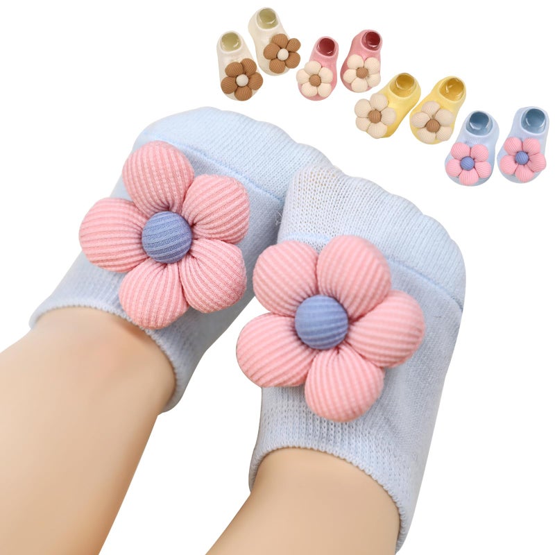 KEAINVRN 4Packs Baby Girls Socks,Flower Non-Slip Grips for Babies Toddler Princess Low Cut Ankle Socks for Girls (US, Age, 0 Months, 6 Months, pink light bule off white yellow) - Image 1