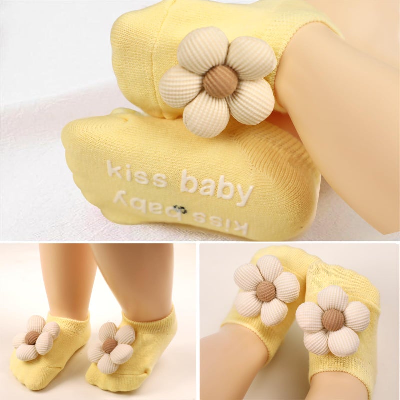 KEAINVRN 4Packs Baby Girls Socks,Flower Non-Slip Grips for Babies Toddler Princess Low Cut Ankle Socks for Girls (US, Age, 0 Months, 6 Months, pink light bule off white yellow) - Image 2