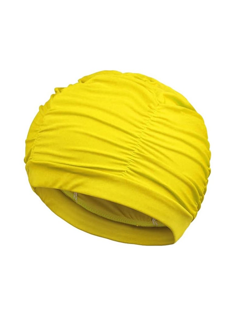 Generic Nylon Swimming Cap Pool Beach Hat Pleated Swim Cap for Long Hair Women, Yellow - Image 1