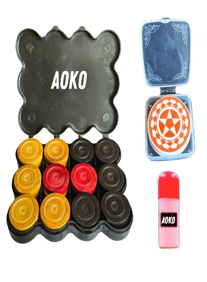 AOKO مجموعة قطع لعبة الكاروم من AOKO - قطع خشبية بسمك 8 مم، بلمسة نهائية لامعة فاخرة، تتضمن قطعة ضرب مطبوعة بنقوش زهرية ومسحوق ديسكو، مجموعة من 24 قطعة كاروم مع صندوق تخزين فاخر (مجموعة) - Image 1