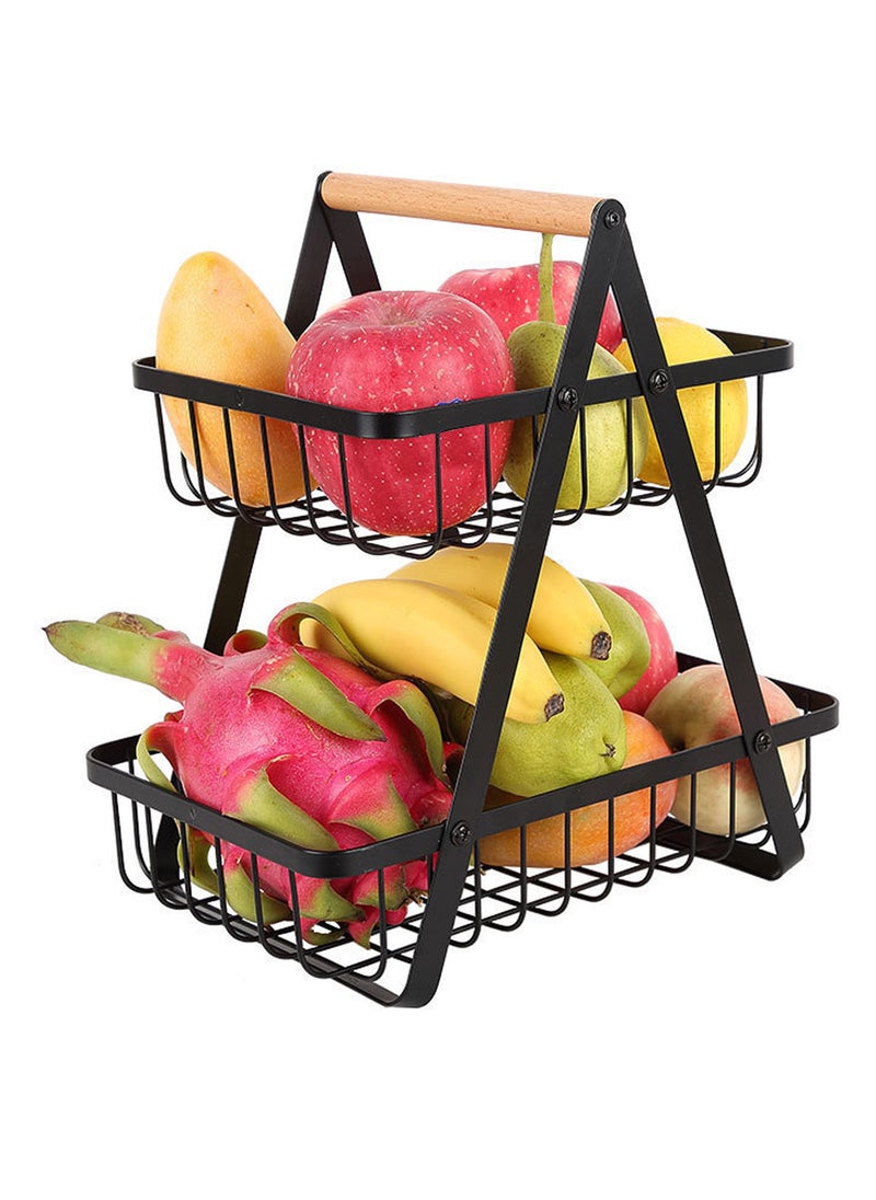 TYCOM Fruit Basket for Kitchen Countertop 2 Tier Portable Metal Wire Storage Rack with Wooden Handle Detachable Rectangle Basket for Kitchen Organizer Storage Bread Snacks Fruits 2 Layer Black.  - Image 1