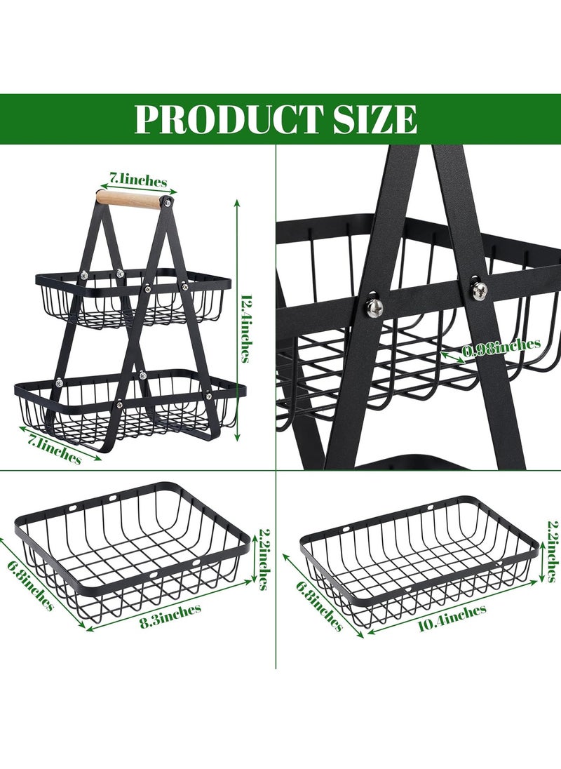 TYCOM Fruit Basket for Kitchen Countertop 2 Tier Portable Metal Wire Storage Rack with Wooden Handle Detachable Rectangle Basket for Kitchen Organizer Storage Bread Snacks Fruits 2 Layer Black.  - Image 2