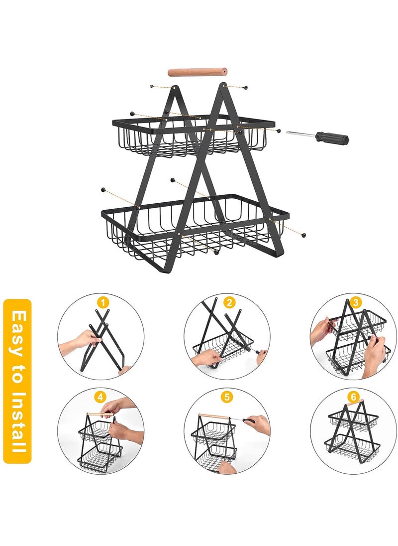 TYCOM Fruit Basket for Kitchen Countertop 2 Tier Portable Metal Wire Storage Rack with Wooden Handle Detachable Rectangle Basket for Kitchen Organizer Storage Bread Snacks Fruits 2 Layer Black.  - Image 3