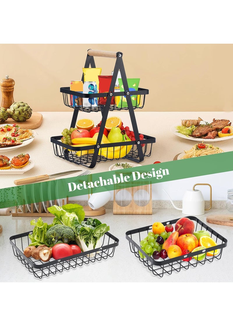 TYCOM Fruit Basket for Kitchen Countertop 2 Tier Portable Metal Wire Storage Rack with Wooden Handle Detachable Rectangle Basket for Kitchen Organizer Storage Bread Snacks Fruits 2 Layer Black.  - Image 4