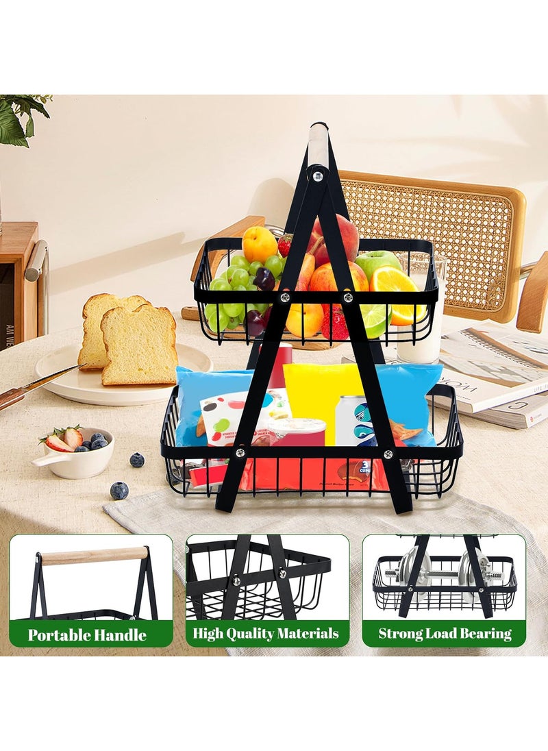 TYCOM Fruit Basket for Kitchen Countertop 2 Tier Portable Metal Wire Storage Rack with Wooden Handle Detachable Rectangle Basket for Kitchen Organizer Storage Bread Snacks Fruits 2 Layer Black.  - Image 5