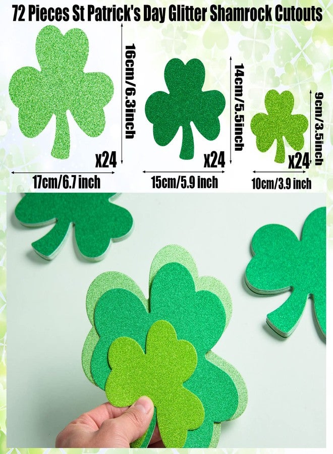 FOBSME 72 Pcs St. Patrick's Day Shamrock Cutouts Glitter Paper Shamrocks Assorted Size Green Shamrock Shape Cutouts Irish Clover Die Cuts with Glue Dots for St. Patrick's Day Party Decor Supplies,3 Colors - Image 2