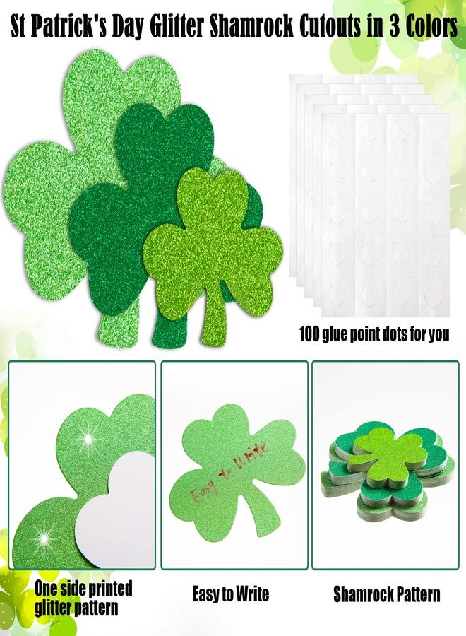 FOBSME 72 Pcs St. Patrick's Day Shamrock Cutouts Glitter Paper Shamrocks Assorted Size Green Shamrock Shape Cutouts Irish Clover Die Cuts with Glue Dots for St. Patrick's Day Party Decor Supplies,3 Colors - Image 3