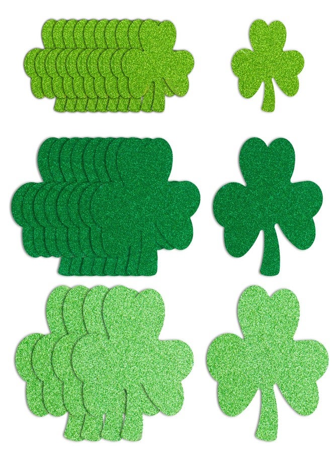 FOBSME 72 Pcs St. Patrick's Day Shamrock Cutouts Glitter Paper Shamrocks Assorted Size Green Shamrock Shape Cutouts Irish Clover Die Cuts with Glue Dots for St. Patrick's Day Party Decor Supplies,3 Colors - Image 1