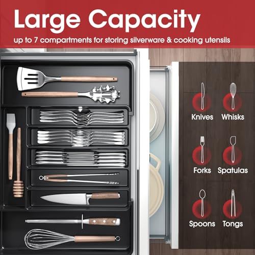 Aujen Silverware Organizer - Expandable Kitchen Drawer Organizer, Adjustable Utensil Organizer, Cutlery Tray for Forks, Knives, Multipurpose Kitchen Organizers and Storage Solution, Black, Large - Image 3