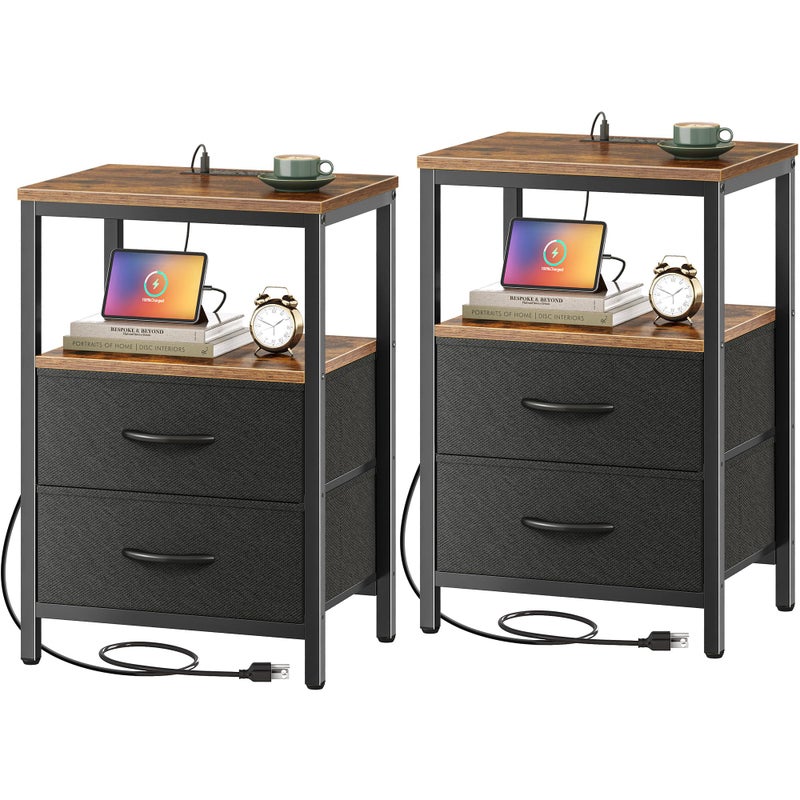 Huuger Nightstands Set of 2 End Tables with Charging Station Side Tables with Fabric Drawers Bedside Tables with USB Ports and Outlets Night Stands for Bedroom Rustic Brown and Black