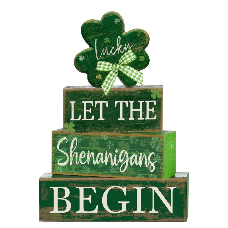 Lineshading 4 Pcs St Patricks Day Table Decorations Wooden Shamrocks St Patrick's Day Tiered Tray Decor Irish Centerpiece Green Lucky Shamrocks Block Signs for Saint Patty's Party Home Kitchen Decor - Image 1