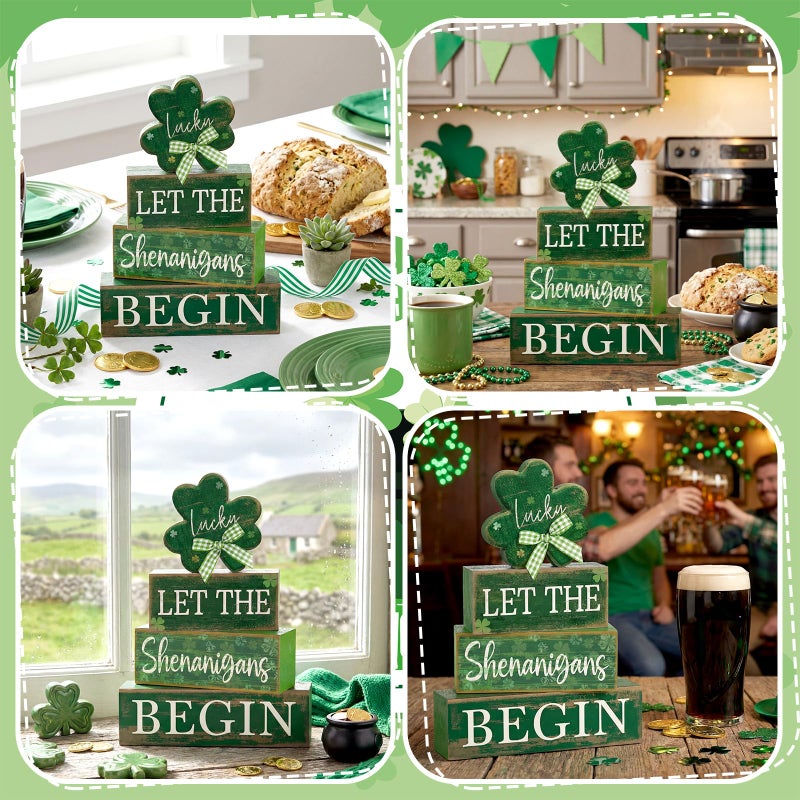 Lineshading 4 Pcs St Patricks Day Table Decorations Wooden Shamrocks St Patrick's Day Tiered Tray Decor Irish Centerpiece Green Lucky Shamrocks Block Signs for Saint Patty's Party Home Kitchen Decor - Image 5