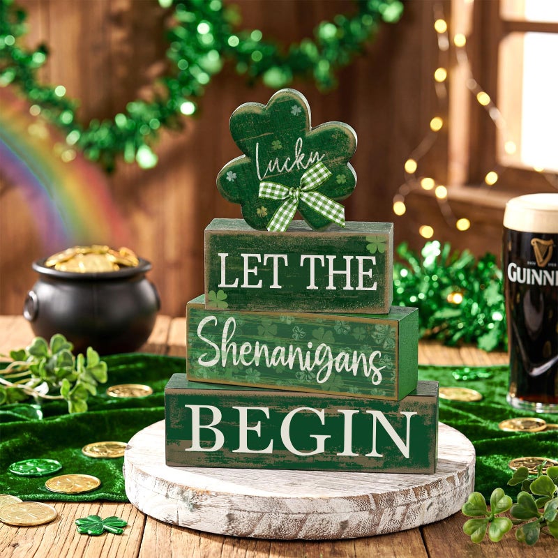 Lineshading 4 Pcs St Patricks Day Table Decorations Wooden Shamrocks St Patrick's Day Tiered Tray Decor Irish Centerpiece Green Lucky Shamrocks Block Signs for Saint Patty's Party Home Kitchen Decor - Image 2