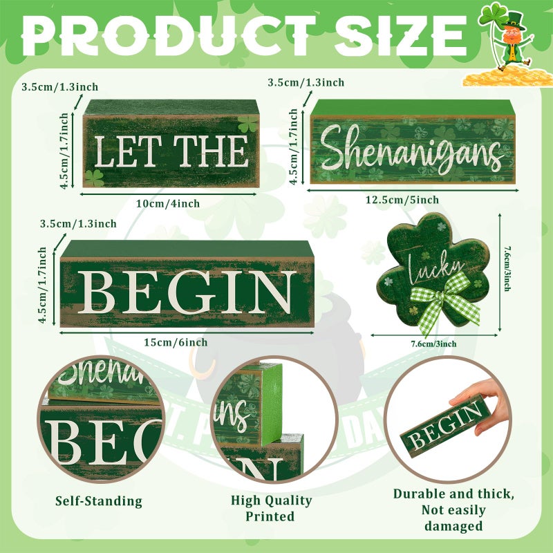 Lineshading 4 Pcs St Patricks Day Table Decorations Wooden Shamrocks St Patrick's Day Tiered Tray Decor Irish Centerpiece Green Lucky Shamrocks Block Signs for Saint Patty's Party Home Kitchen Decor - Image 3