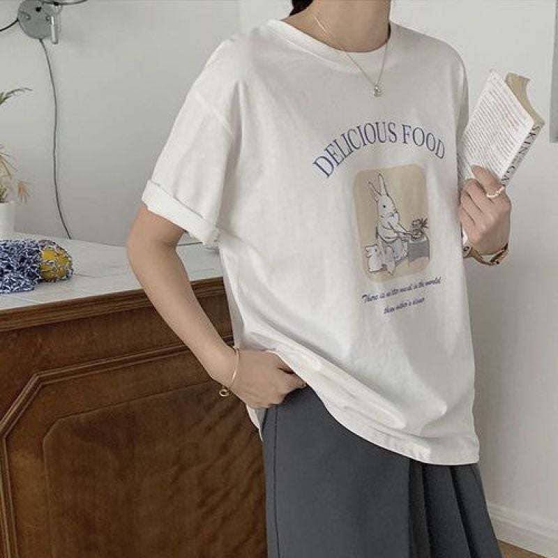 Super Hand-Feeling Modal Korean Style Bunny Sweet Loose All-Match 2025 Cartoon Printed Casual Short-Sleeved T-Shirt For Women - Image 3