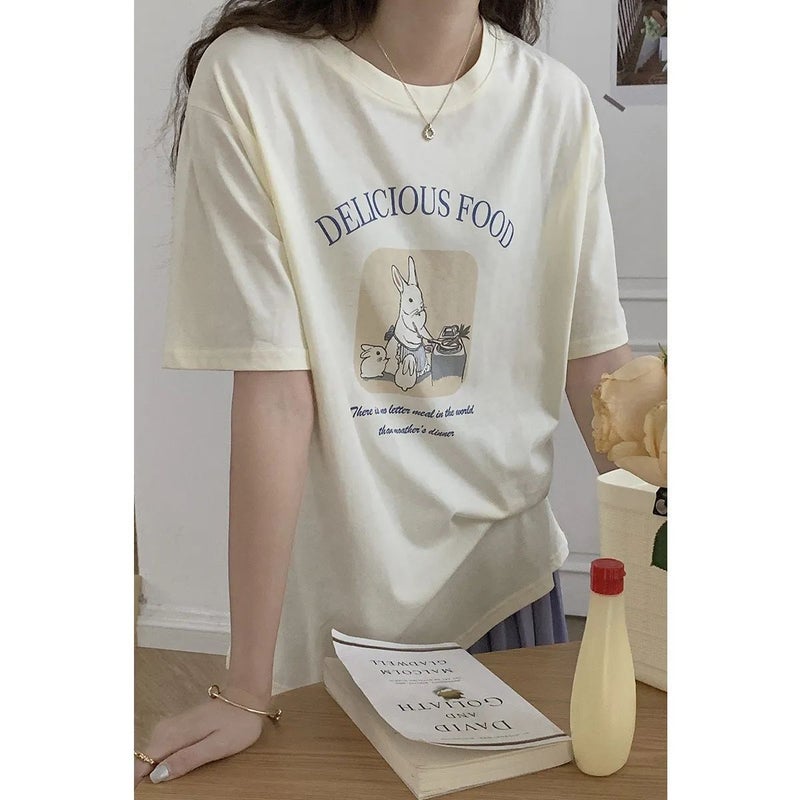 Super Hand-Feeling Modal Korean Style Bunny Sweet Loose All-Match 2025 Cartoon Printed Casual Short-Sleeved T-Shirt For Women - Image 1