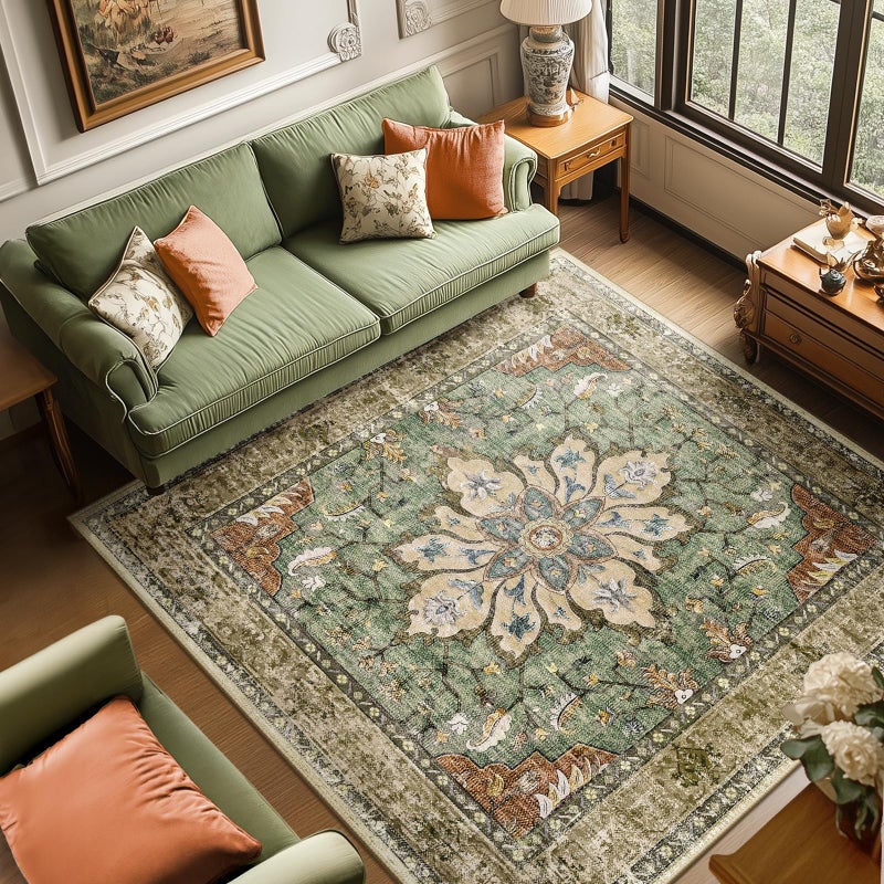 RELEANY Area Rugs Square 8ft Washable Non-Slip, Floral Vintage Distress Print Pattern Medallion Carpet for Living Room Bedroom Dining Room, Brick Red Rust Neutral Brown Burnt Orange Green - Image 1