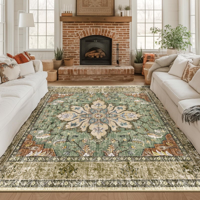 RELEANY Area Rugs Square 8ft Washable Non-Slip, Floral Vintage Distress Print Pattern Medallion Carpet for Living Room Bedroom Dining Room, Brick Red Rust Neutral Brown Burnt Orange Green - Image 3