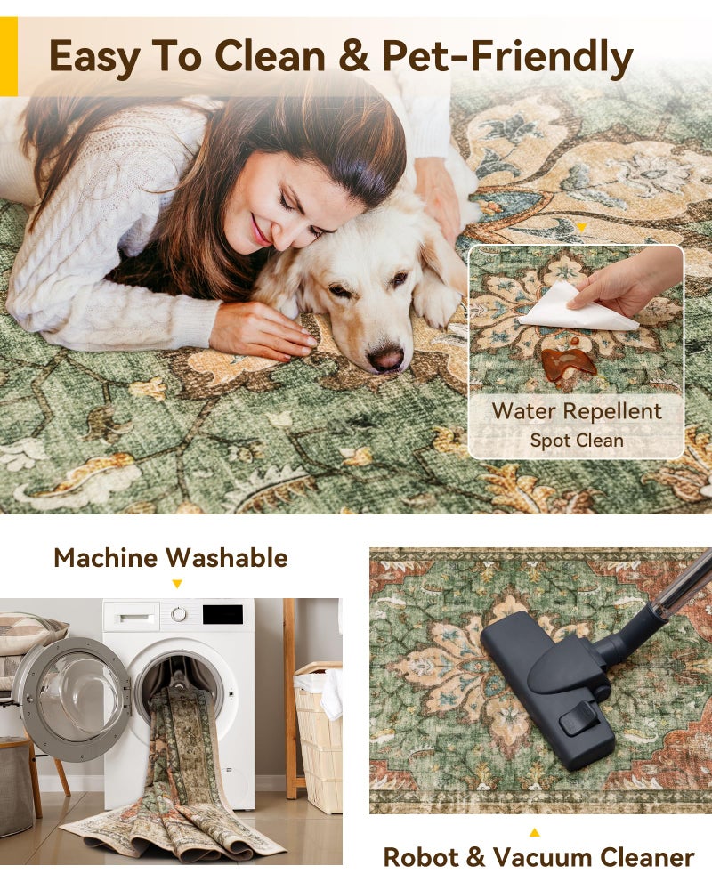 RELEANY Area Rugs Square 8ft Washable Non-Slip, Floral Vintage Distress Print Pattern Medallion Carpet for Living Room Bedroom Dining Room, Brick Red Rust Neutral Brown Burnt Orange Green - Image 5