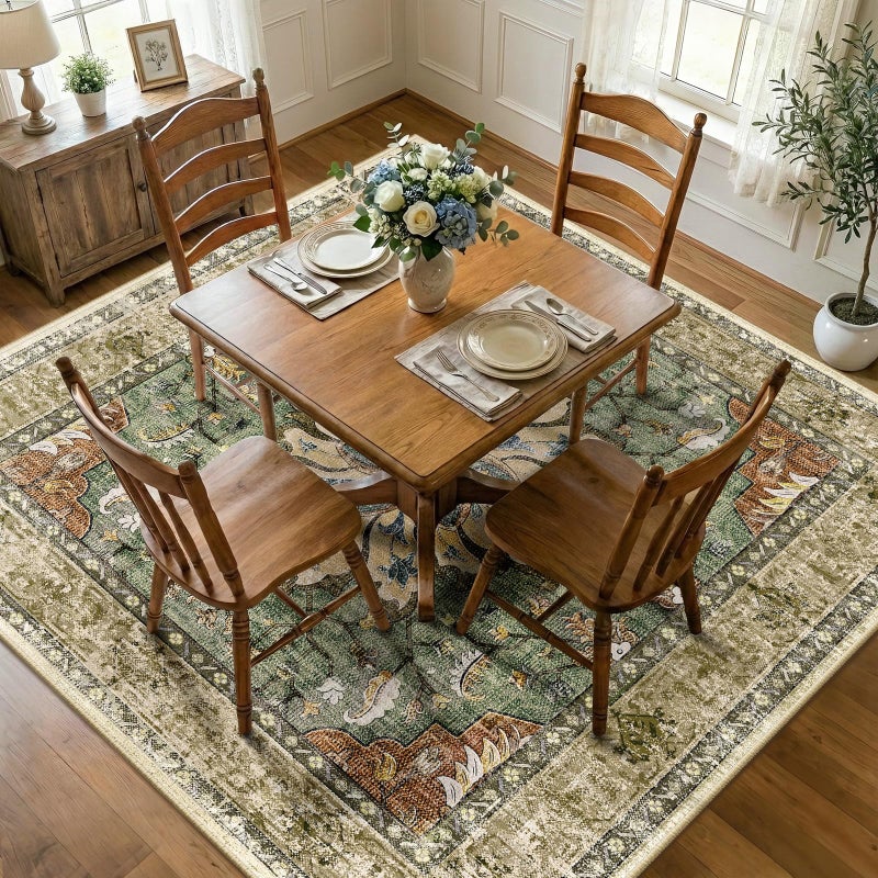 RELEANY Area Rugs Square 8ft Washable Non-Slip, Floral Vintage Distress Print Pattern Medallion Carpet for Living Room Bedroom Dining Room, Brick Red Rust Neutral Brown Burnt Orange Green - Image 2