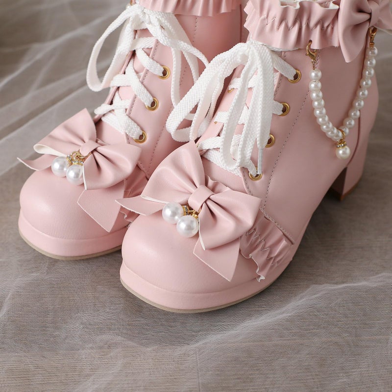 LUXMAX Women Cute Lolita Boots Chunky Mid Heel Ankle Boots with Bow Platform Lace Up Booties with Pearl, Size 8.5 M US,Pink - Image 5