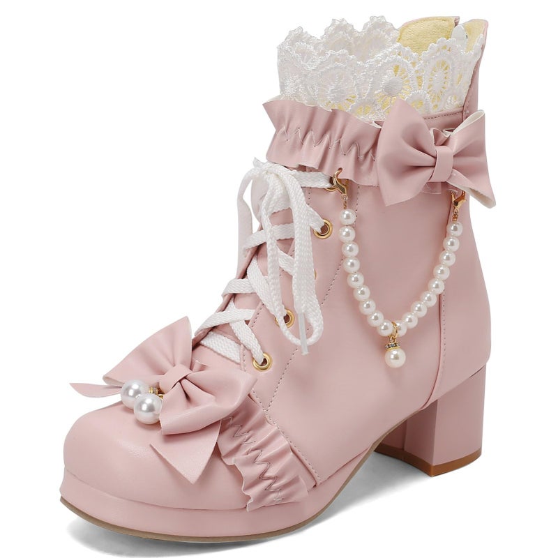 LUXMAX Women Cute Lolita Boots Chunky Mid Heel Ankle Boots with Bow Platform Lace Up Booties with Pearl, Size 8.5 M US,Pink - Image 1