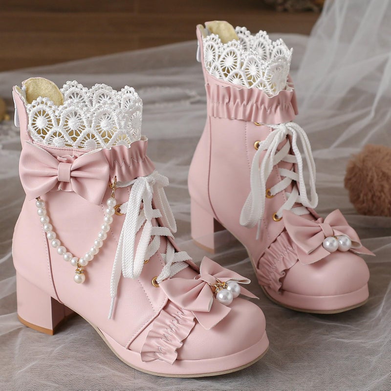 LUXMAX Women Cute Lolita Boots Chunky Mid Heel Ankle Boots with Bow Platform Lace Up Booties with Pearl, Size 8.5 M US,Pink - Image 3