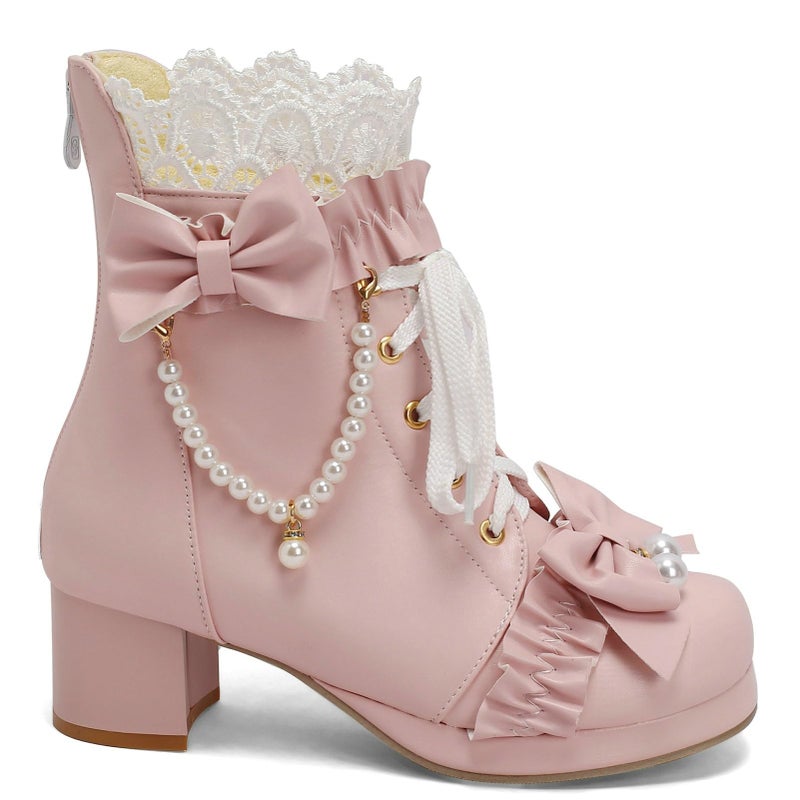 LUXMAX Women Cute Lolita Boots Chunky Mid Heel Ankle Boots with Bow Platform Lace Up Booties with Pearl, Size 8.5 M US,Pink - Image 4