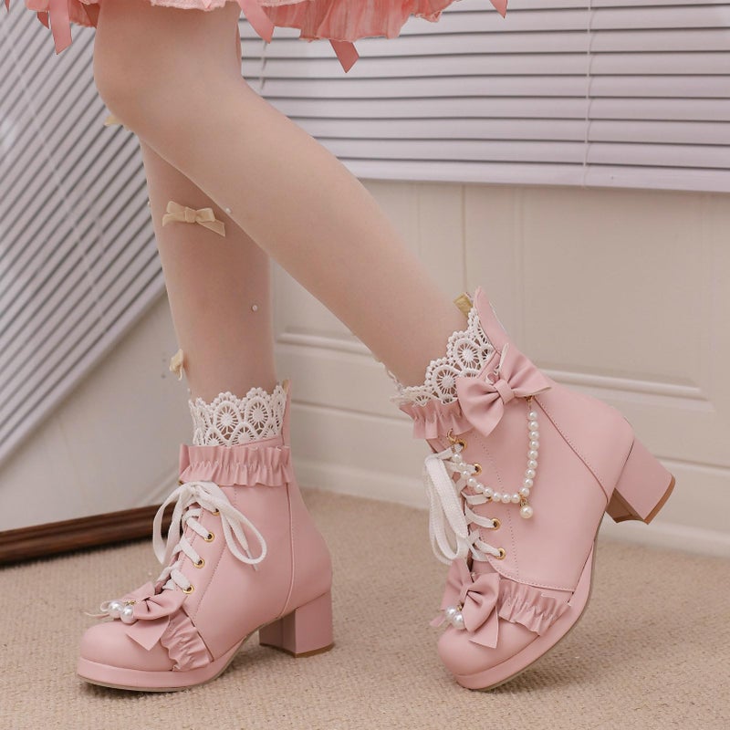 LUXMAX Women Cute Lolita Boots Chunky Mid Heel Ankle Boots with Bow Platform Lace Up Booties with Pearl, Size 8.5 M US,Pink - Image 2