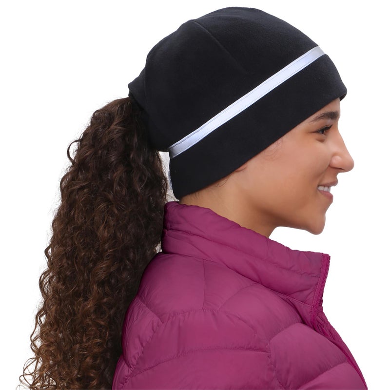TrailHeads Ponytail Hat for Women â€“ Fleece Winter Running Cap with Soft Foam Brim, Ripstop Front & Drop-Down Ear Warmers â€“ Perfect for Outdoors Black - Image 1