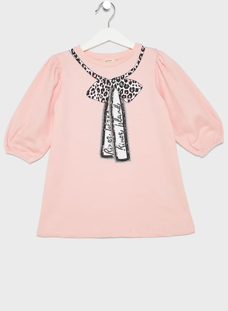 RIVER ISLAND Kids Bow Print T-Shirt Dress