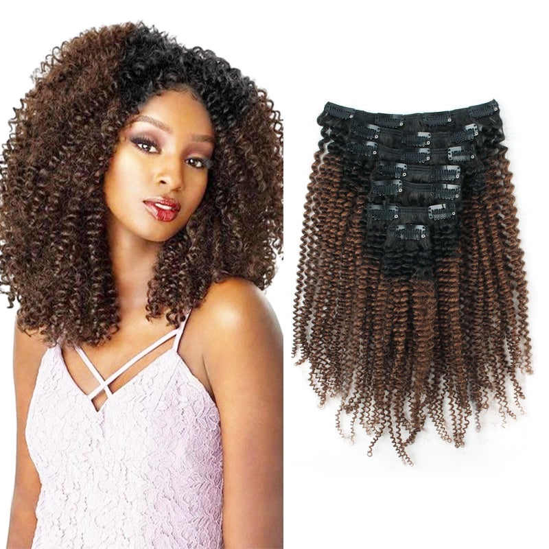 Sassina 18 Inch Ombre Brown Afro Curly Clip in Hair Extensions Double Wefts Remy Human Hair For Black Women Two Tone Curly Clip in Highlighted Natural Color to Dark Brown TN4 18 Inch