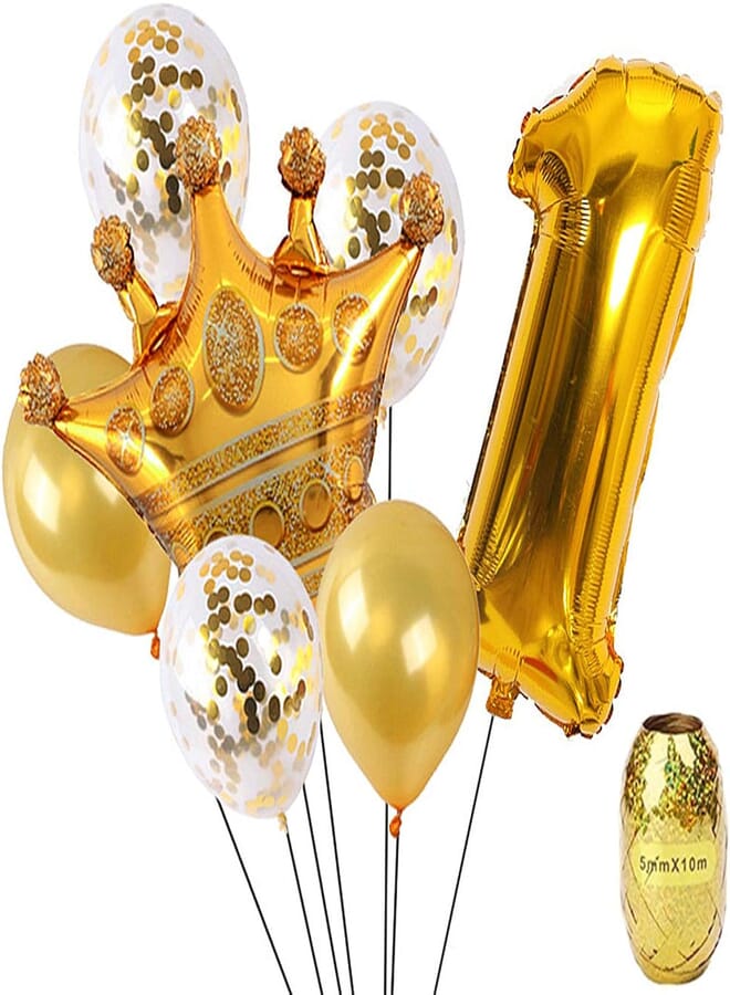 First Birthday Balloons for 1st Birthday Decorations-Gold Number 1 Balloon and Crown Balloon, Gold Confetti Balloons,1 Year Old Birthday Supplies for Baby Girl Boy