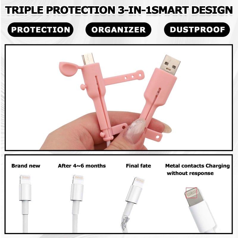 Pretwad 6 Pairs Silicone Charger Cable Protectors - Universal 3-in-1 Non-Slip Cord Saver, Double-End Silicone Data Cable Protection Cover Cord Organizer, Charger Cables Protector for Home Wrap Accessories - Image 3