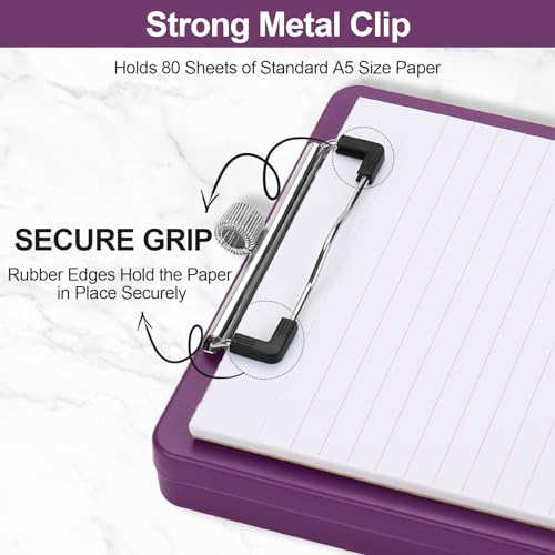 Meiikun Small Clipboard with Storage, A5 Clipboards with Pen Holder, Half Letter Clip Boards 6x9 Mini Plastic Clipboard with Low Profile Clip for Classroom, School, Office Supplies (Purple) - Image 4
