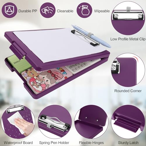 Meiikun Small Clipboard with Storage, A5 Clipboards with Pen Holder, Half Letter Clip Boards 6x9 Mini Plastic Clipboard with Low Profile Clip for Classroom, School, Office Supplies (Purple) - Image 5