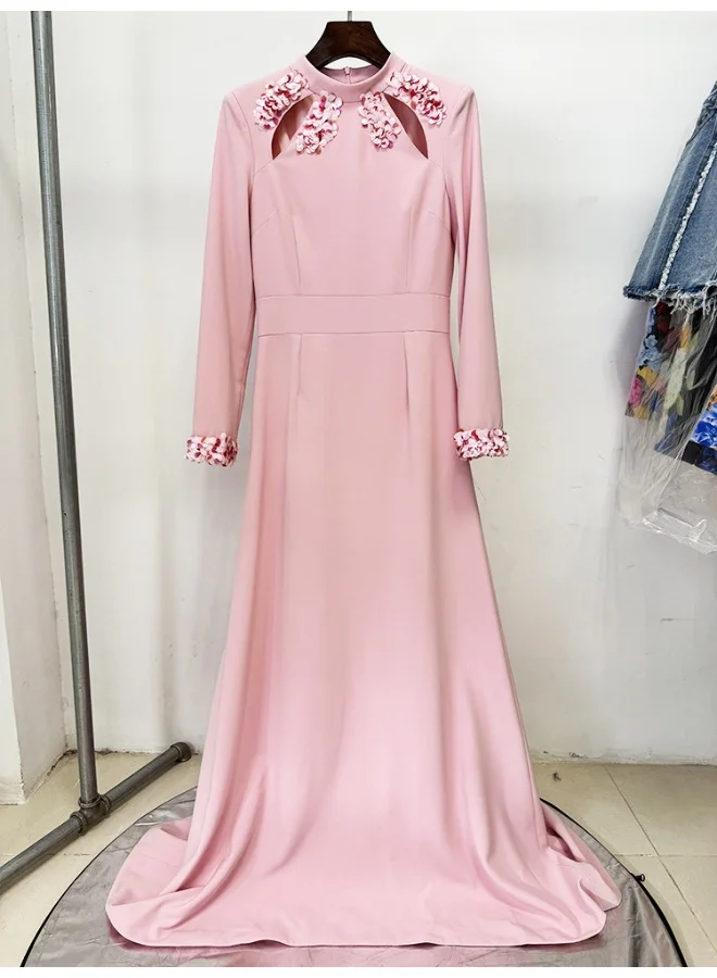 Madam Uniq Stand Collar Beaded Sequined Hollow Out Long Dress