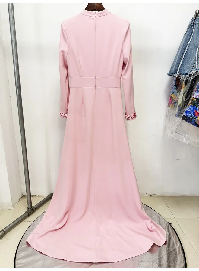 Madam Uniq Stand Collar Beaded Sequined Hollow Out Long Dress