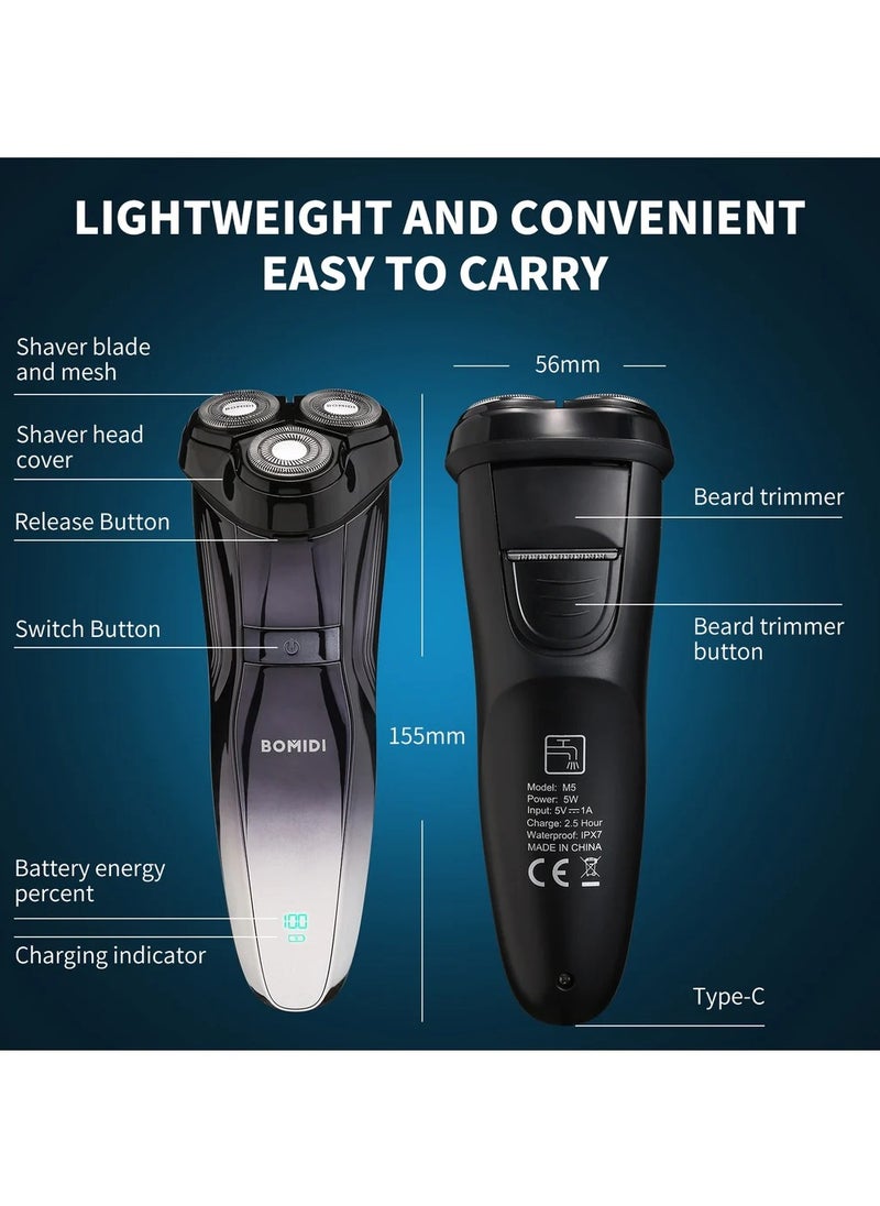 Bomidi M5 Electric Shaver Wireless Electric Razor Beard Trimmer Wet & Dry Hair Shaver Rechargeable Type-C IPX7 Waterproof - Black