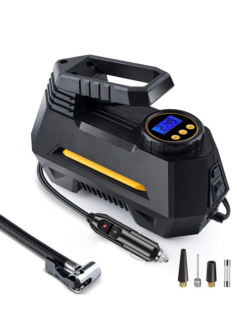 مضخة هواء محمولة لإطارات السيارة والاكسسوارات السيارة تعمل بالتيار المستمر 12 فولت مع عداد ضغط رقمي يصل إلى 100 رطل لكل بوصة مربعة، مزودة بضوء للطوارئ، وتستخدم أيضًا للدراجات والبالونات - Image 1