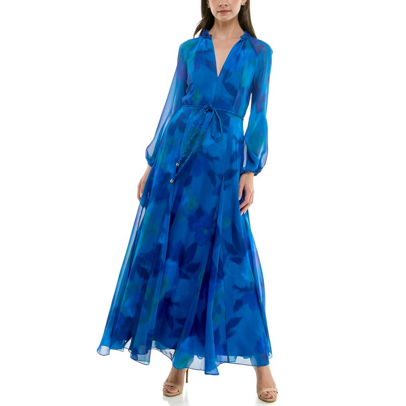Taylor Dresses Women's Long Sleeve V-Neck Floral Print Braided Belt Sheath Maxi Dress, Blue Cobalt, 4 - Image 1
