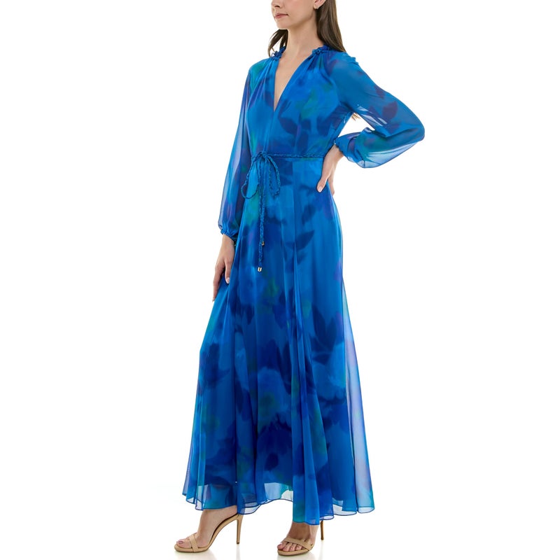 Taylor Dresses Women's Long Sleeve V-Neck Floral Print Braided Belt Sheath Maxi Dress, Blue Cobalt, 4 - Image 2