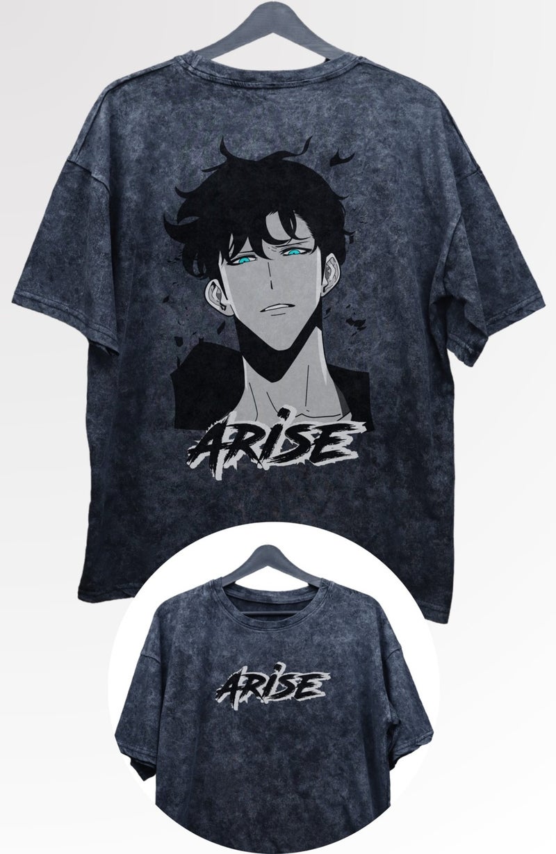 Fuddy Moda Oversize Arise Anime Back Printed Washed T-Shirt, Unisex Solo Leveling Printed Distressed T-Shirt  - Image 1