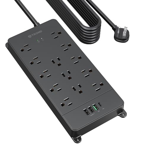 TROND Surge Protector Power Strip 15 ft, Flat Plug Extension Cord with 32W USB C & QC 3.0 Charger, 4000 Joules, ETL Listed, 13 Wide Spaced Outlets, Heavy Duty, Wall Mount for Home Office, Black - Image 1