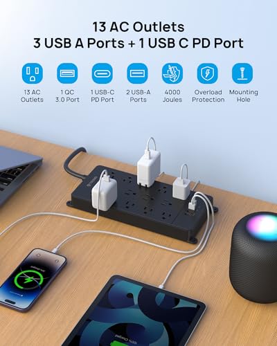 TROND Surge Protector Power Strip 15 ft, Flat Plug Extension Cord with 32W USB C & QC 3.0 Charger, 4000 Joules, ETL Listed, 13 Wide Spaced Outlets, Heavy Duty, Wall Mount for Home Office, Black - Image 2