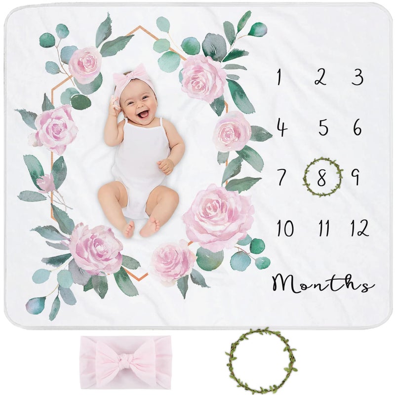 Yoothy Baby Monthly Milestone Blanket for Baby Girl, Newborn Age Months Blanket Photo Prop with Growth Chart, Floral Wreath & Headband - Image 1